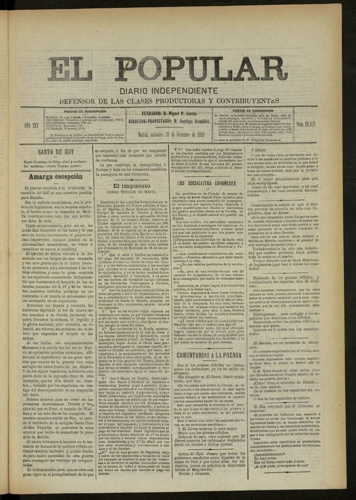 Miniatura de El Popular: diario independiente, político, literario y de noticias de interés general del 20 de diciembre de 1893, nº 10628