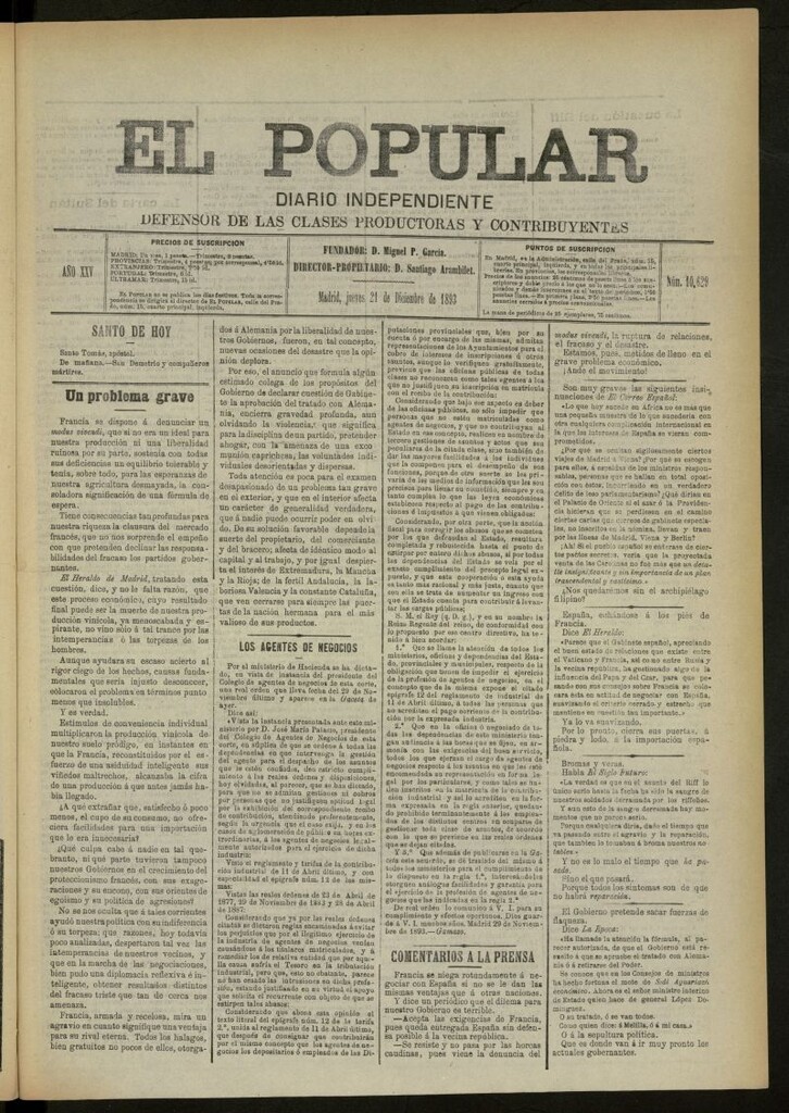 Miniatura de El Popular: diario independiente, político, literario y de noticias de interés general del 21 de diciembre de 1893, nº 10629