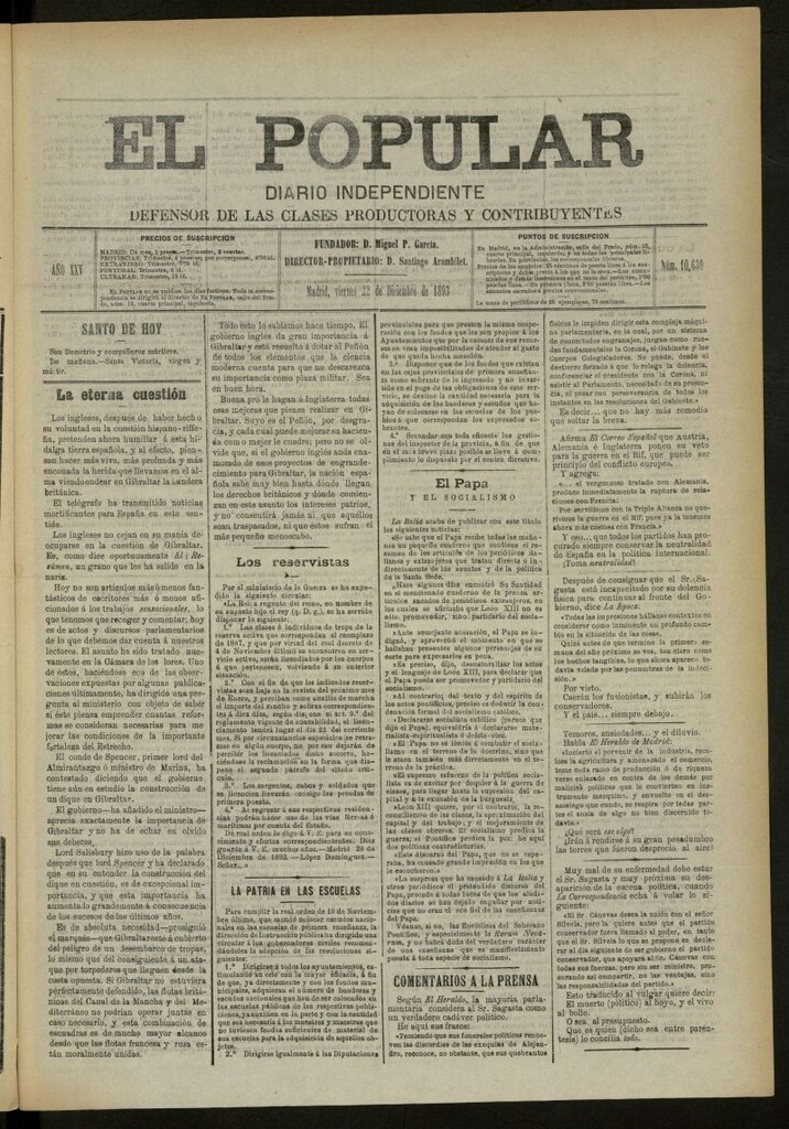 Miniatura de El Popular: diario independiente, político, literario y de noticias de interés general del 22 de diciembre de 1893, nº 10630
