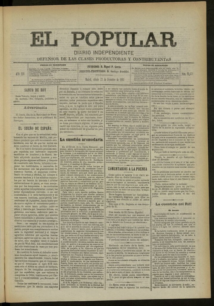 Miniatura de El Popular: diario independiente, político, literario y de noticias de interés general del 23 de diciembre de 1893, nº 10631