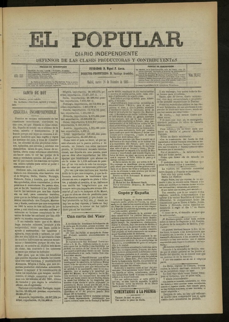 Miniatura de El Popular: diario independiente, político, literario y de noticias de interés general del 26 de diciembre de 1893, nº 10632