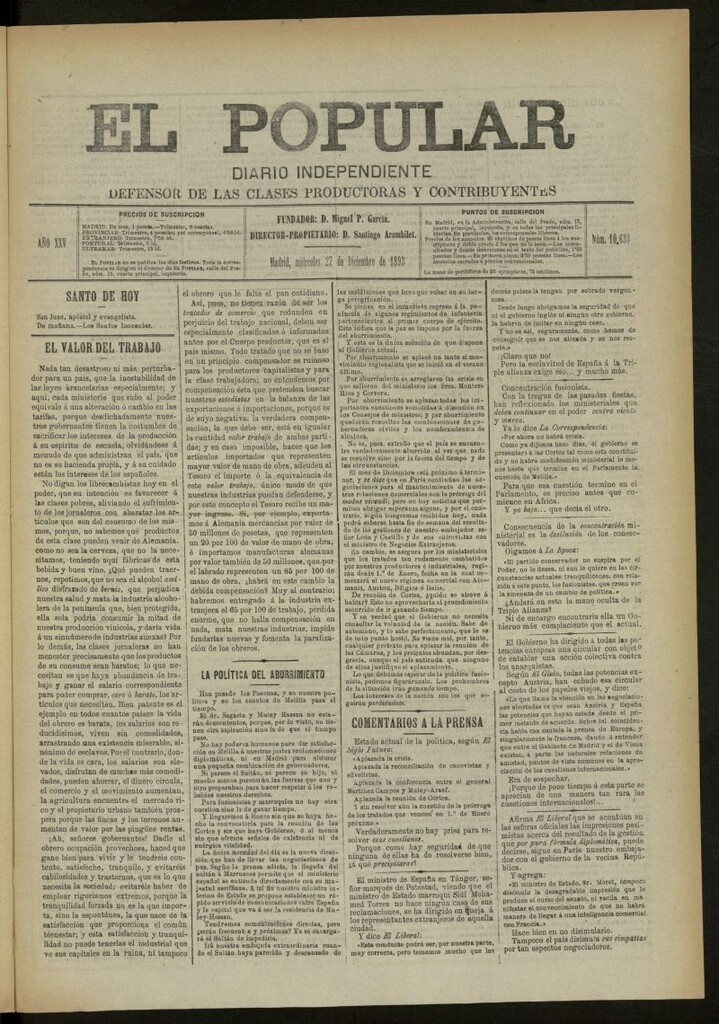 Miniatura de El Popular: diario independiente, político, literario y de noticias de interés general del 27 de diciembre de 1893, nº 10633