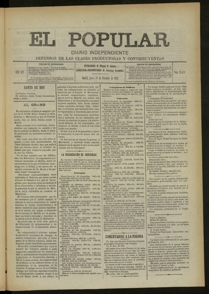 Miniatura de El Popular: diario independiente, político, literario y de noticias de interés general del 28 de diciembre de 1893, nº 10634