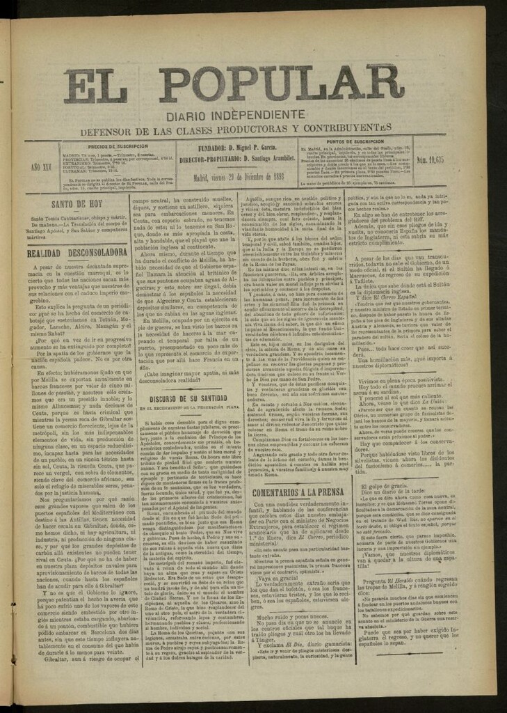 Miniatura de El Popular: diario independiente, político, literario y de noticias de interés general del 29 de diciembre de 1893, nº 10635