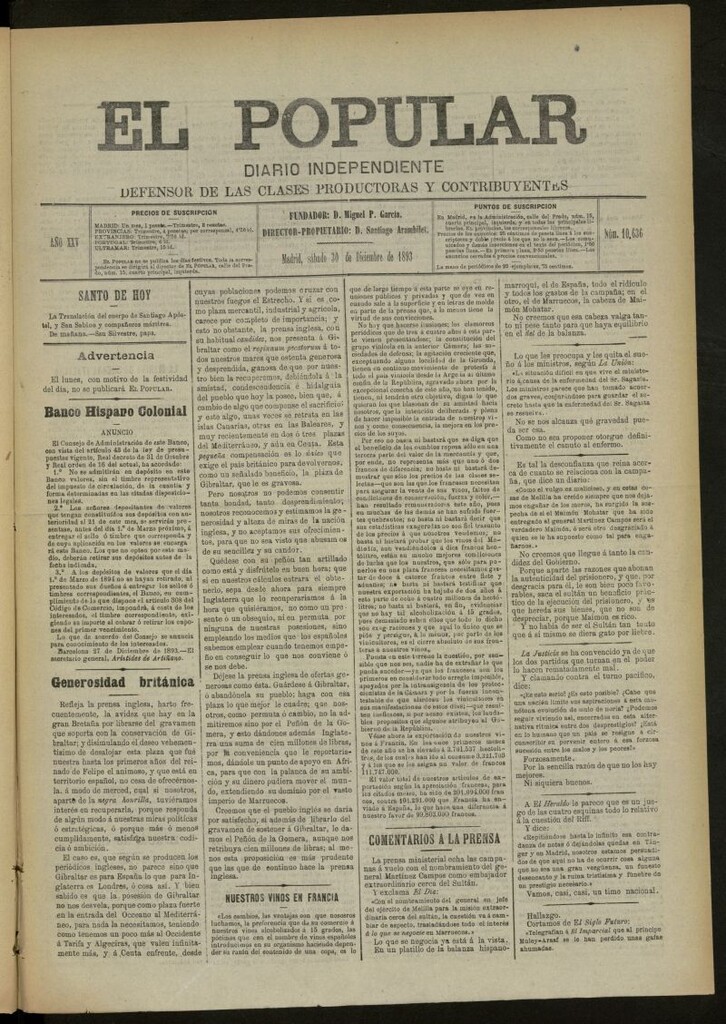 Miniatura de El Popular: diario independiente, político, literario y de noticias de interés general del 30 de diciembre de 1893, nº 10636