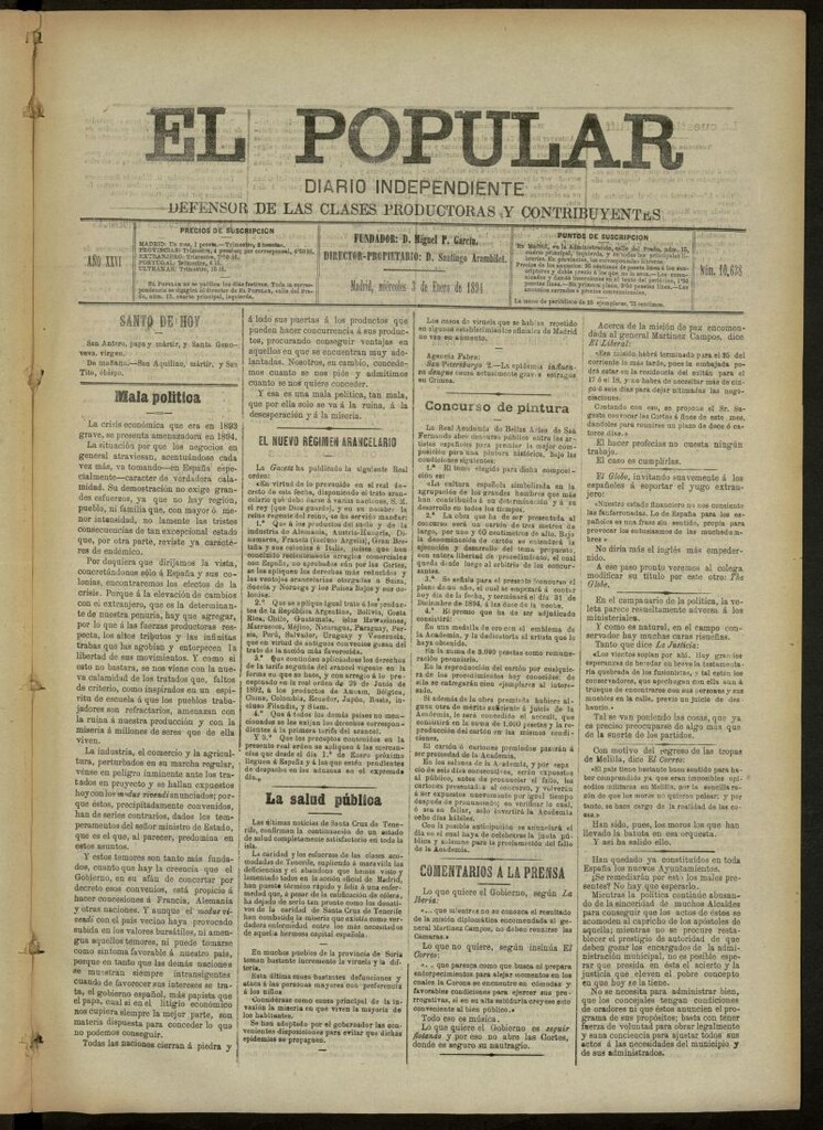 Miniatura de El Popular: diario independiente, político, literario y de noticias de interés general del 3 de enero de 1894, nº 10638
