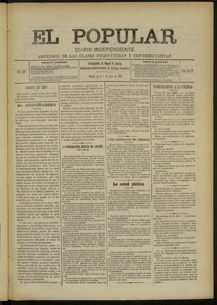 Miniatura de El Popular: diario independiente, político, literario y de noticias de interés general del 4 de enero de 1894, nº 10639