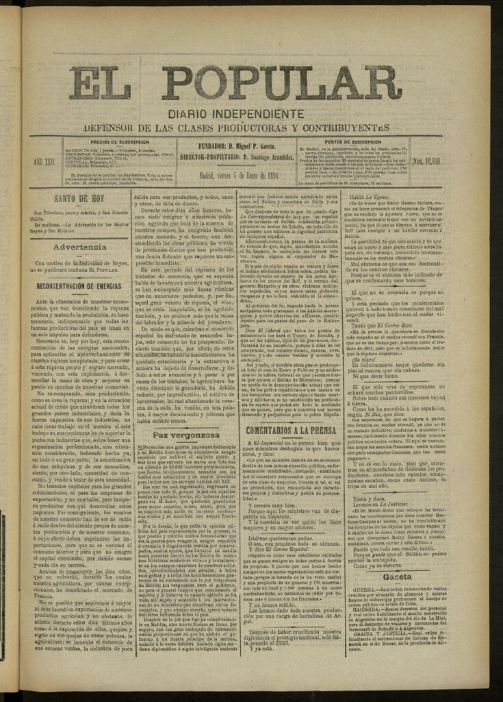 Miniatura de El Popular: diario independiente, político, literario y de noticias de interés general del 5 de enero de 1894, nº 10640