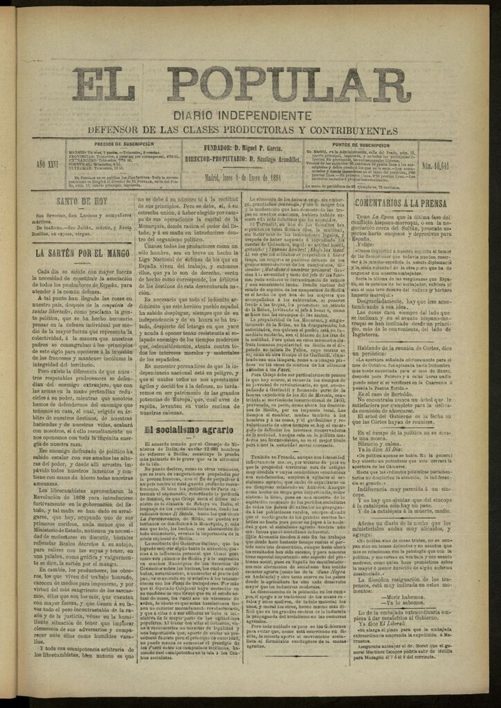 Miniatura de El Popular: diario independiente, político, literario y de noticias de interés general del 8 de enero de 1894, nº 10641
