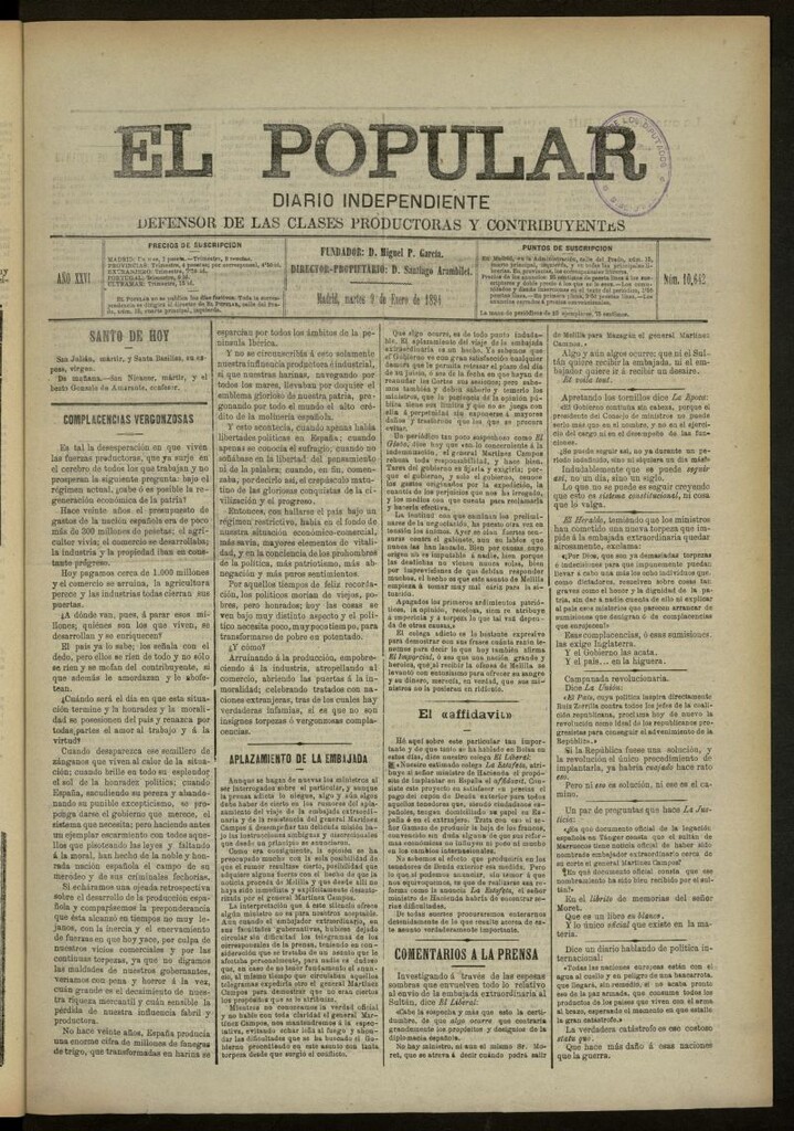 Miniatura de El Popular: diario independiente, político, literario y de noticias de interés general del 9 de enero de 1894, nº 10642