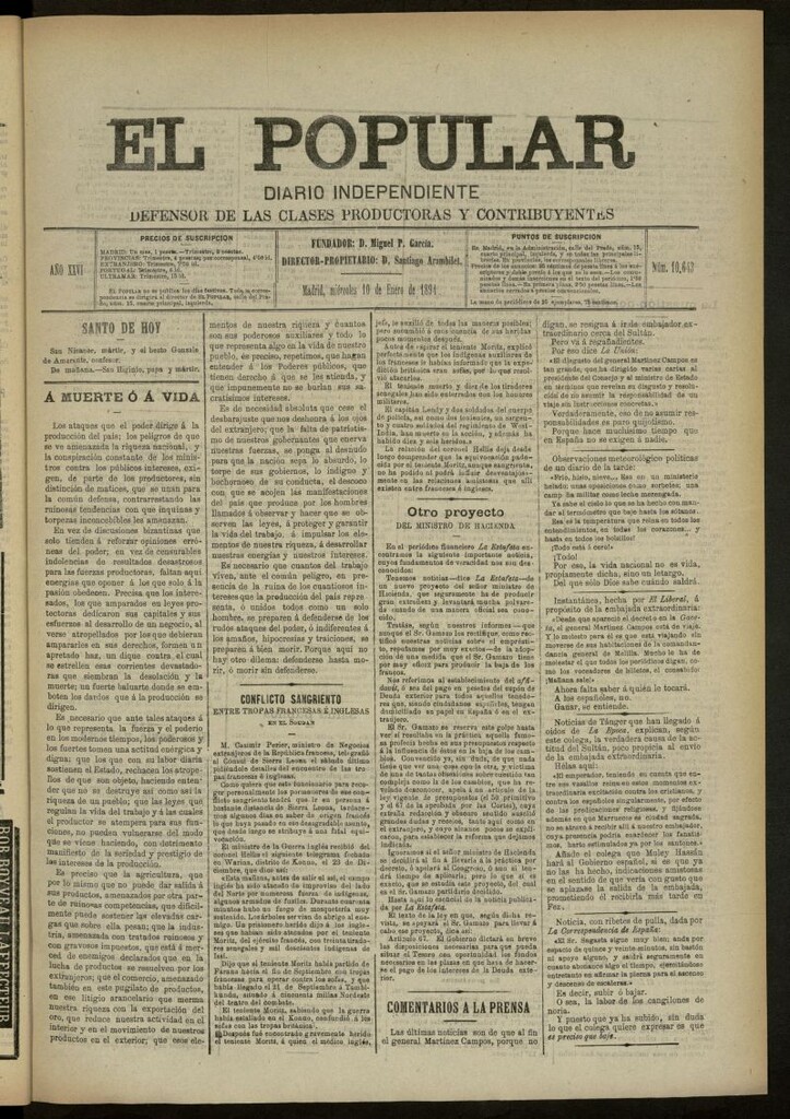 Miniatura de El Popular: diario independiente, político, literario y de noticias de interés general del 10 de enero de 1894, nº 10643
