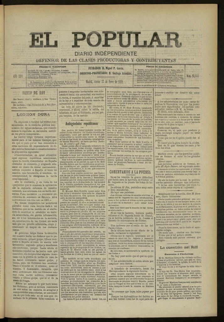 Miniatura de El Popular: diario independiente, político, literario y de noticias de interés general del 12 de enero de 1894, nº 10644