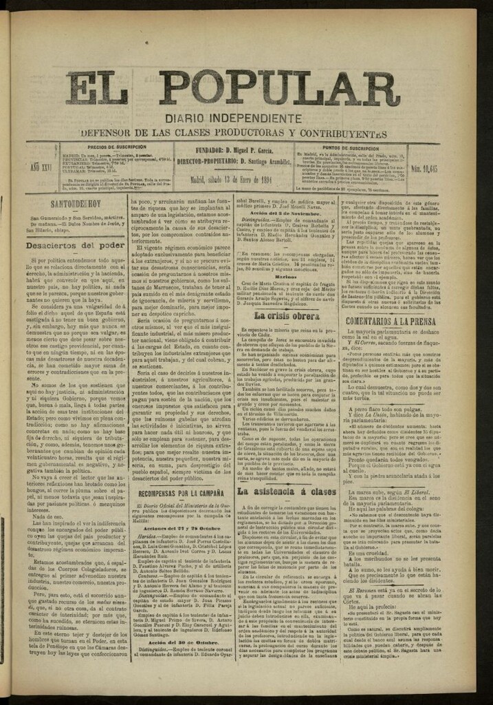 Miniatura de El Popular: diario independiente, político, literario y de noticias de interés general del 13 de enero de 1894, nº 10645