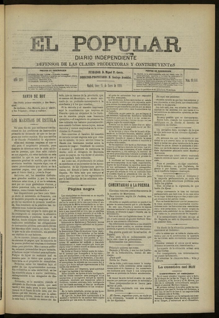 Miniatura de El Popular: diario independiente, político, literario y de noticias de interés general del 15 de enero de 1894, nº 10646