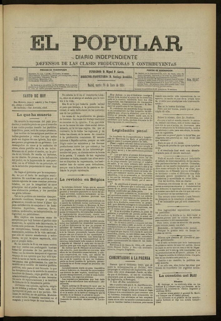 Miniatura de El Popular: diario independiente, político, literario y de noticias de interés general del 16 de enero de 1894, nº 10647