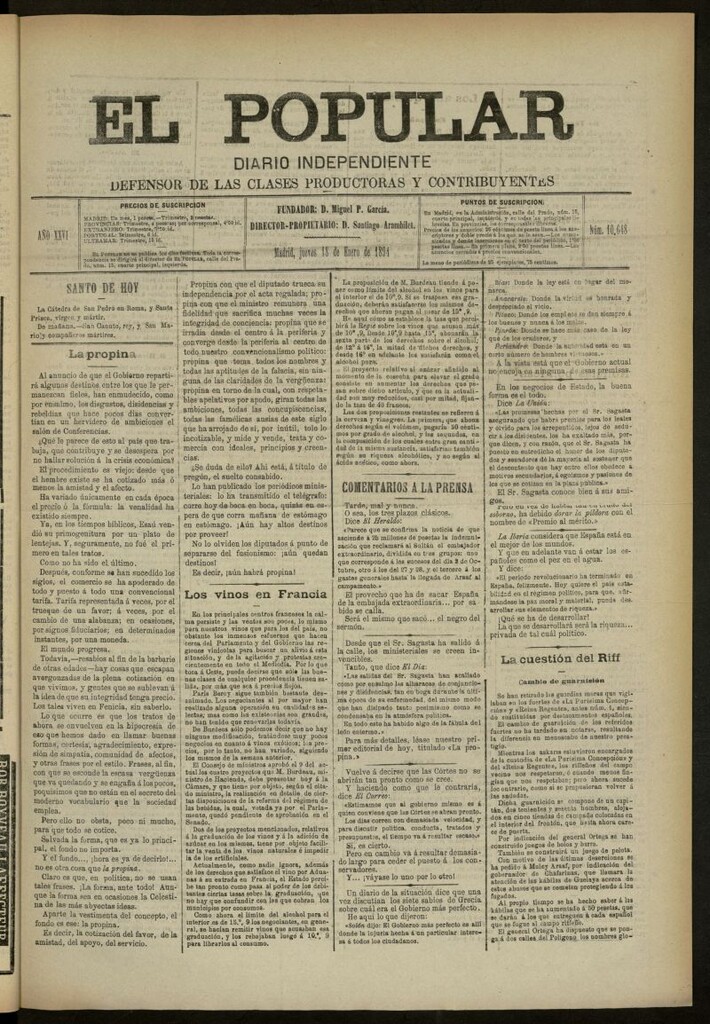 Miniatura de El Popular: diario independiente, político, literario y de noticias de interés general del 18 de enero de 1894, nº 10648