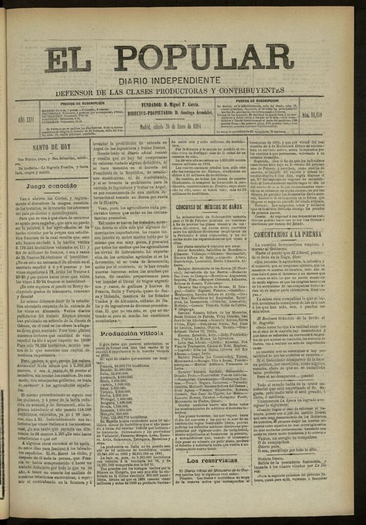 Miniatura de El Popular: diario independiente, político, literario y de noticias de interés general del 20 de enero de 1894, nº 10650