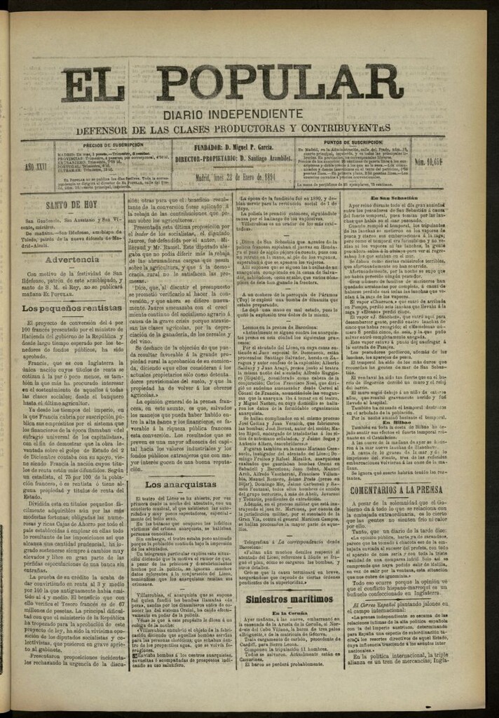 Miniatura de El Popular: diario independiente, político, literario y de noticias de interés general del 22 de enero de 1894, nº 10651