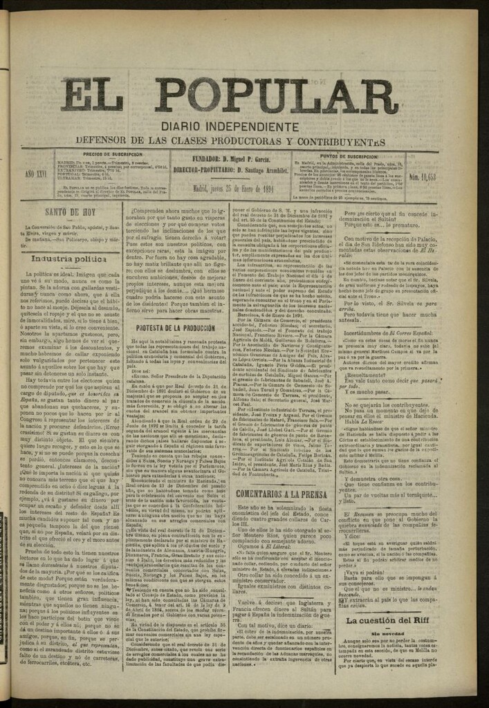 Miniatura de El Popular: diario independiente, político, literario y de noticias de interés general del 25 de enero de 1894, nº 10653