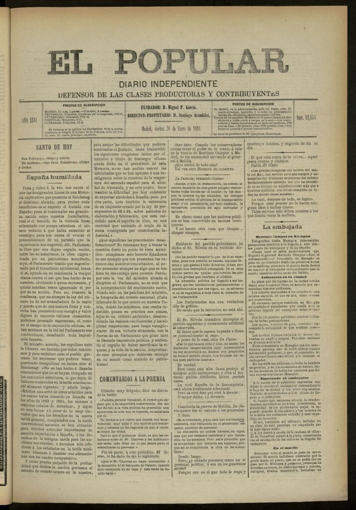 Miniatura de El Popular: diario independiente, político, literario y de noticias de interés general del 26 de enero de 1894, nº 10654