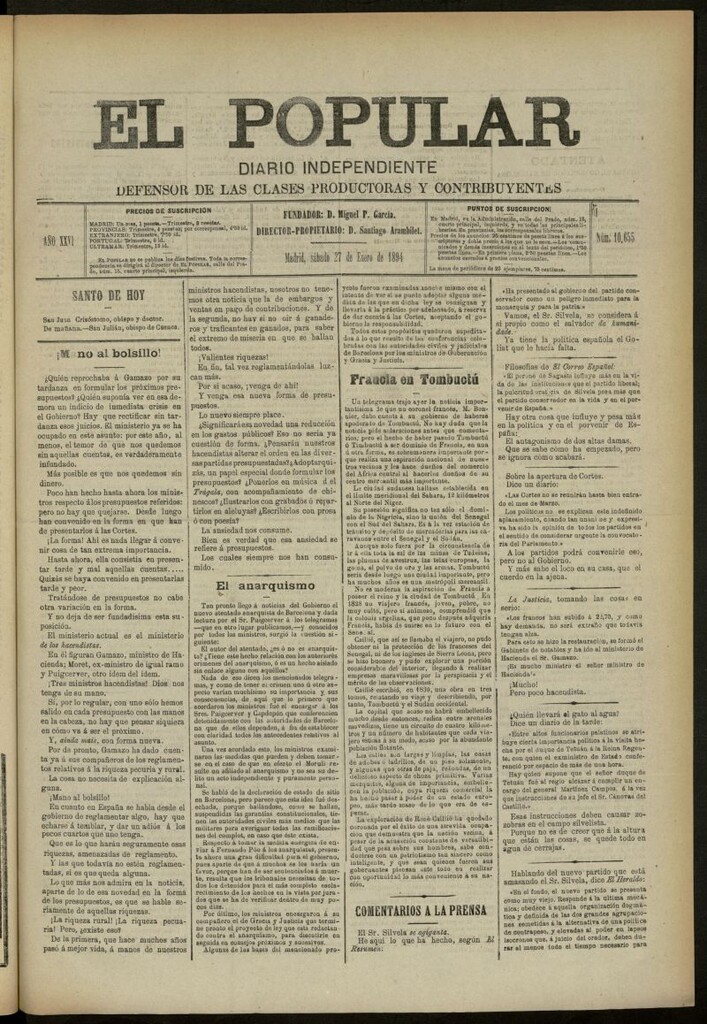 Miniatura de El Popular: diario independiente, político, literario y de noticias de interés general del 27 de enero de 1894, nº 10655