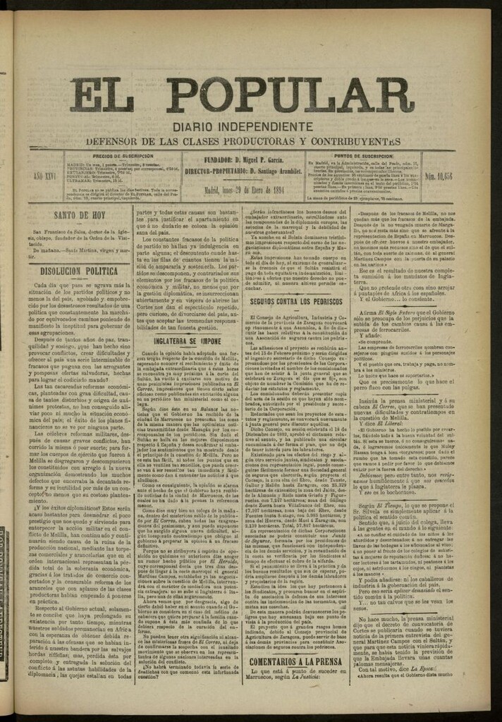 Miniatura de El Popular: diario independiente, político, literario y de noticias de interés general del 29 de enero de 1894, nº 10656