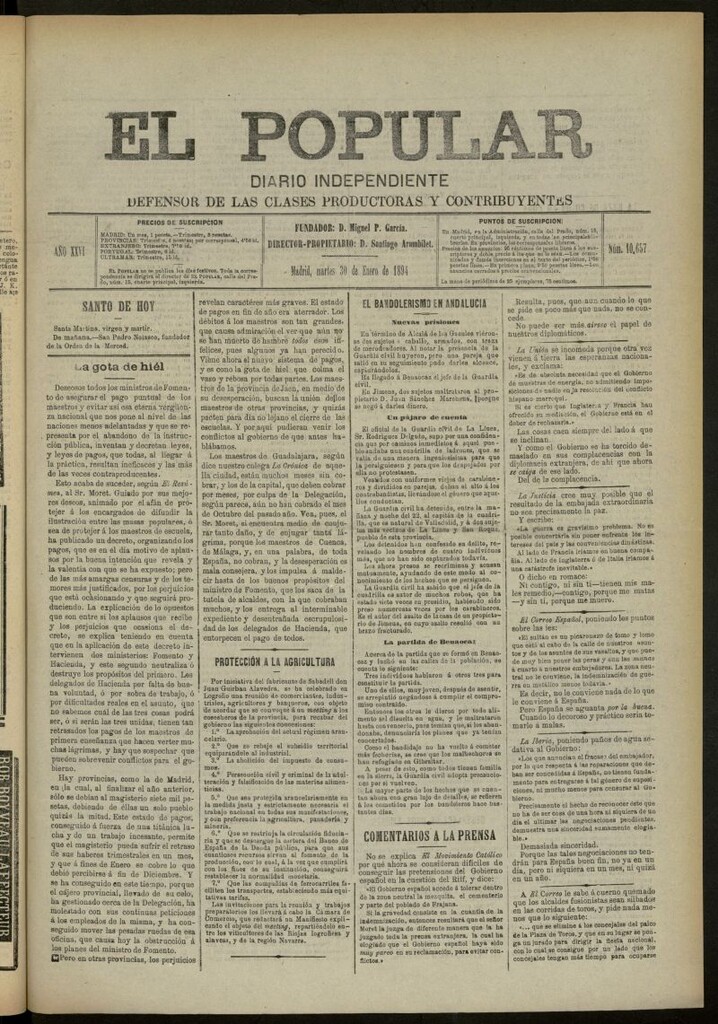Miniatura de El Popular: diario independiente, político, literario y de noticias de interés general del 30 de enero de 1894, nº 10657