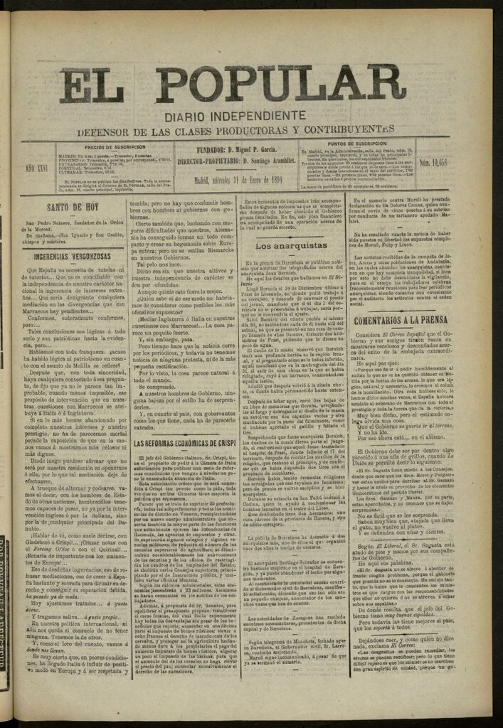 Miniatura de El Popular: diario independiente, político, literario y de noticias de interés general del 31 de enero de 1894, nº 10658