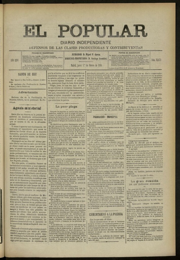 Miniatura de El Popular: diario independiente, político, literario y de noticias de interés genera del 1 de febrero de 1894, nº 10659
