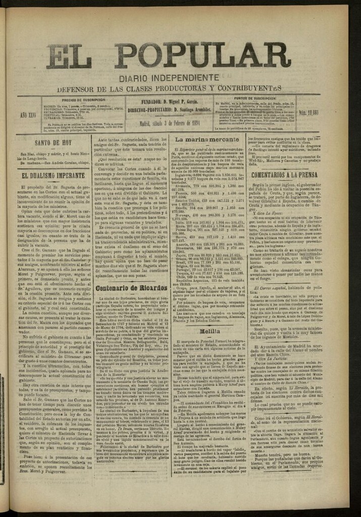 Miniatura de El Popular: diario independiente, político, literario y de noticias de interés genera del 3 de febrero de 1894, nº 10660