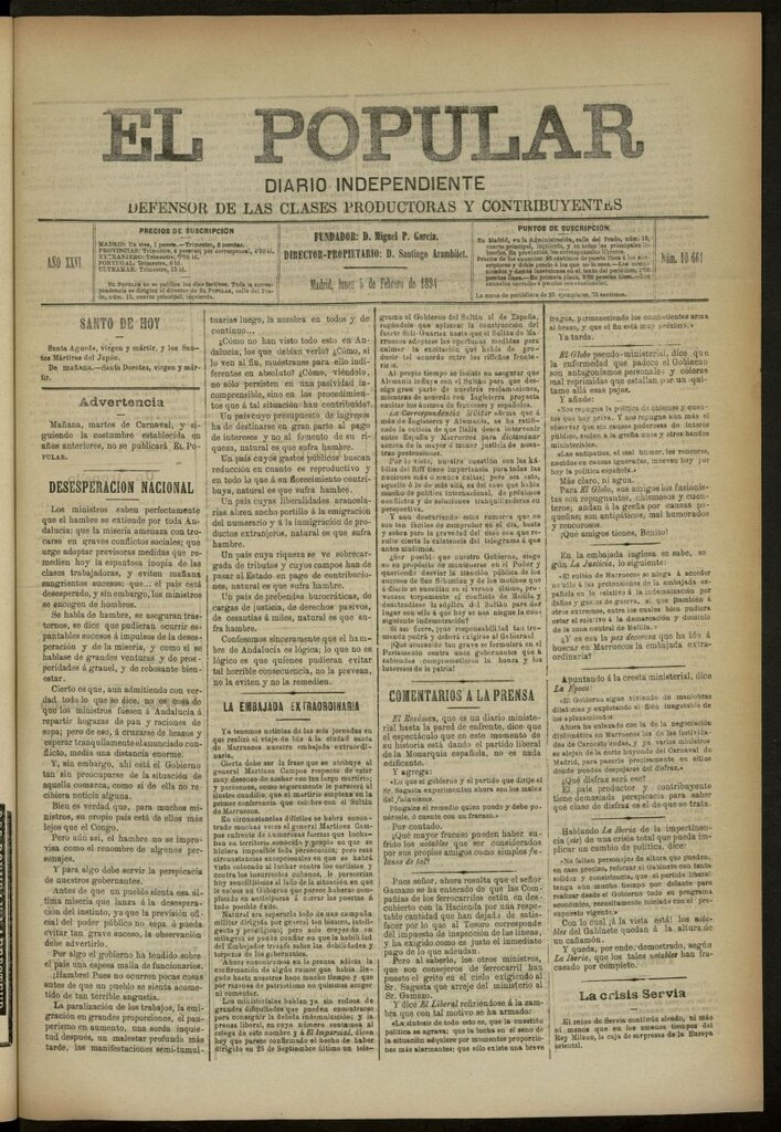 Miniatura de El Popular: diario independiente, político, literario y de noticias de interés genera del 5 de febrero de 1894, nº 10661