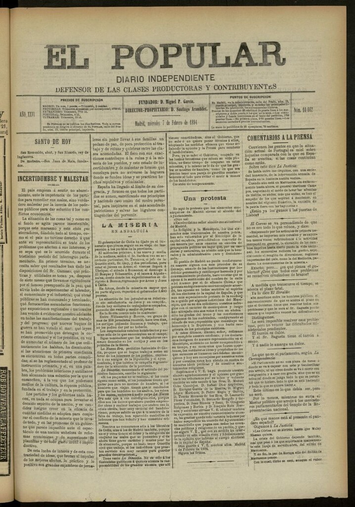 Miniatura de El Popular: diario independiente, político, literario y de noticias de interés genera del 7 de febrero de 1894, nº 10662