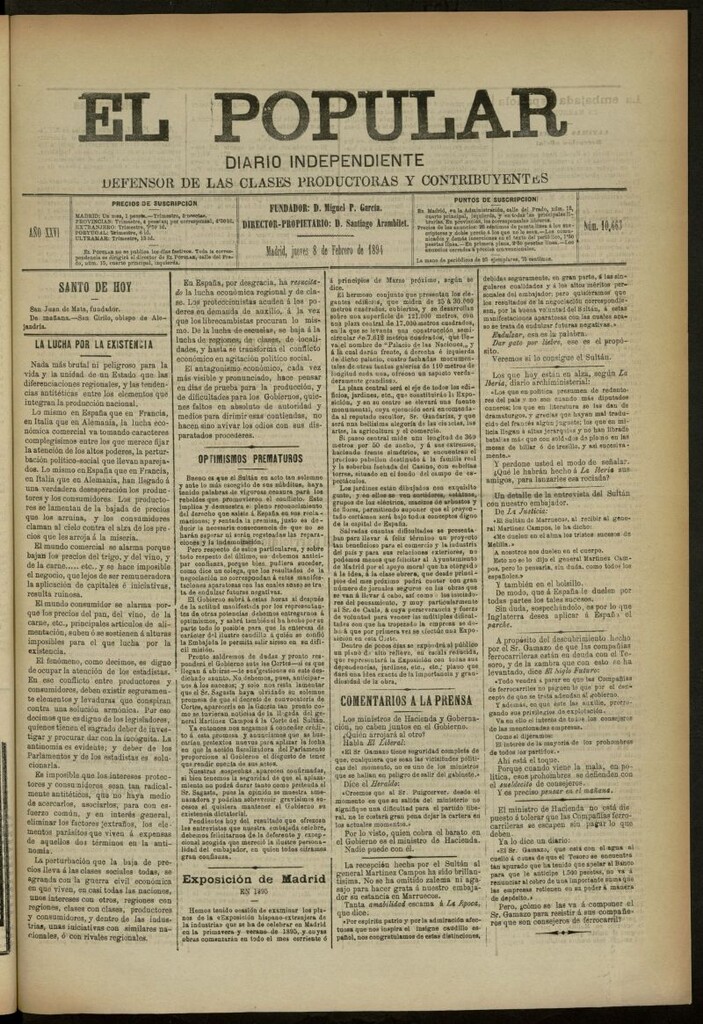 Miniatura de El Popular: diario independiente, político, literario y de noticias de interés genera del 8 de febrero de 1894, nº 10663