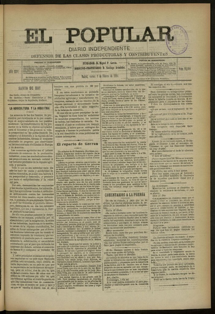 Miniatura de El Popular: diario independiente, político, literario y de noticias de interés genera del 9 de febrero de 1894, nº 10664