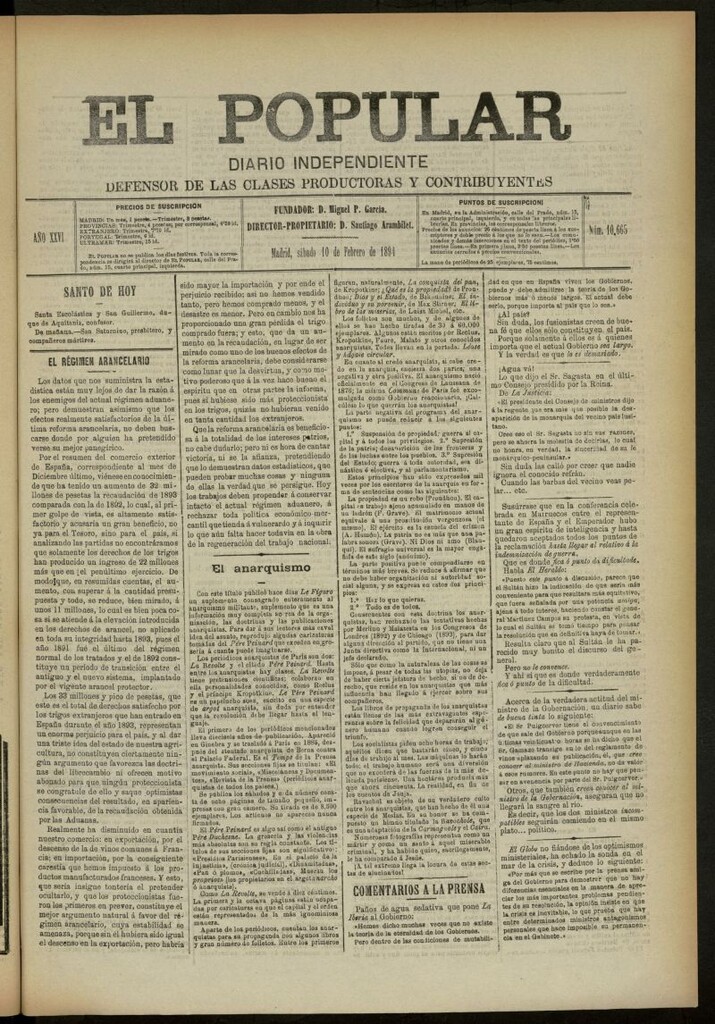 Miniatura de El Popular: diario independiente, político, literario y de noticias de interés genera del 10 de febrero de 1894, nº 10665