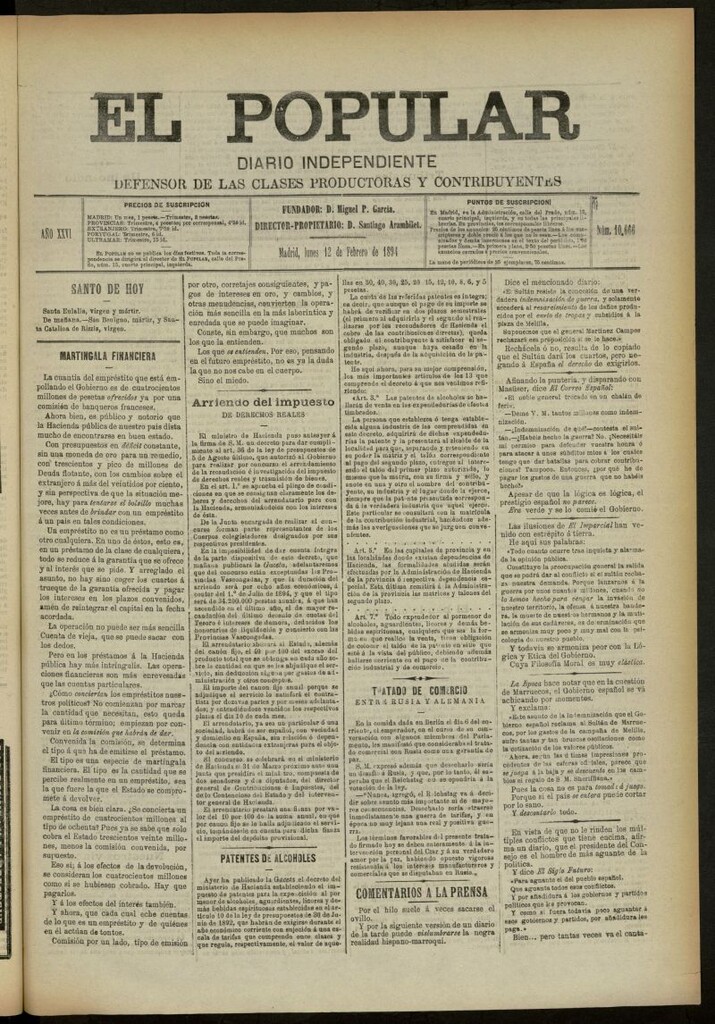 Miniatura de El Popular: diario independiente, político, literario y de noticias de interés genera del 12 de febrero de 1894, nº 10666