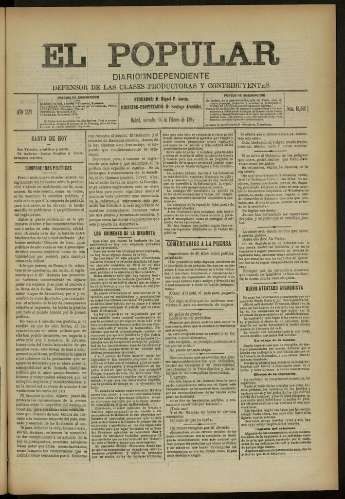 Miniatura de El Popular: diario independiente, político, literario y de noticias de interés genera del 14 de febrero de 1894, nº 10668