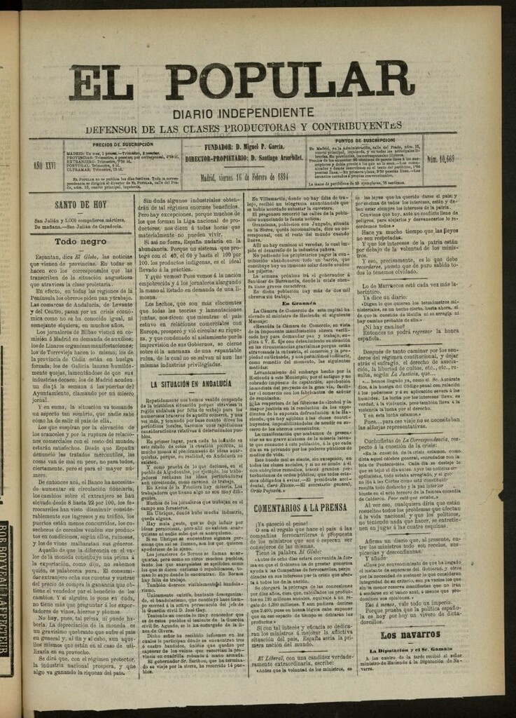 Miniatura de El Popular: diario independiente, político, literario y de noticias de interés genera del 16 de febrero de 1894, nº 10669