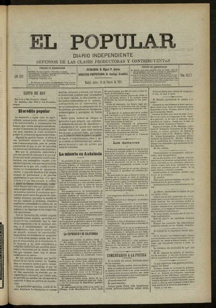 Miniatura de El Popular: diario independiente, político, literario y de noticias de interés genera del 20 de febrero de 1894, nº 10672
