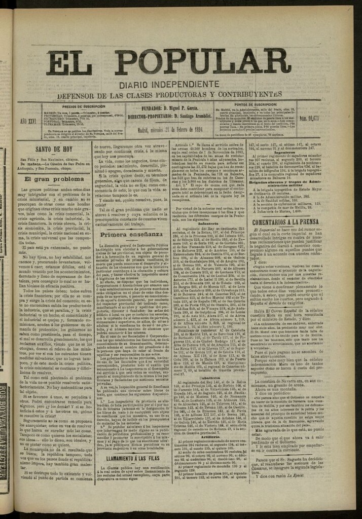 Miniatura de El Popular: diario independiente, político, literario y de noticias de interés genera del 21 de febrero de 1894, nº 10673