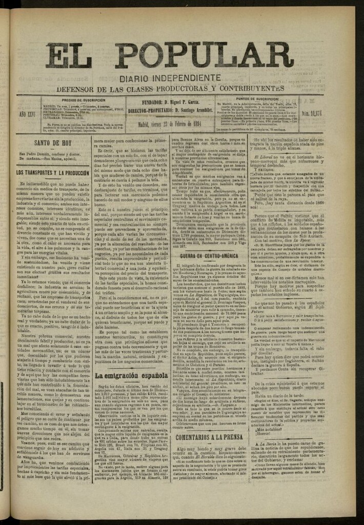 Miniatura de El Popular: diario independiente, político, literario y de noticias de interés genera del 23 de febrero de 1894, nº 10674