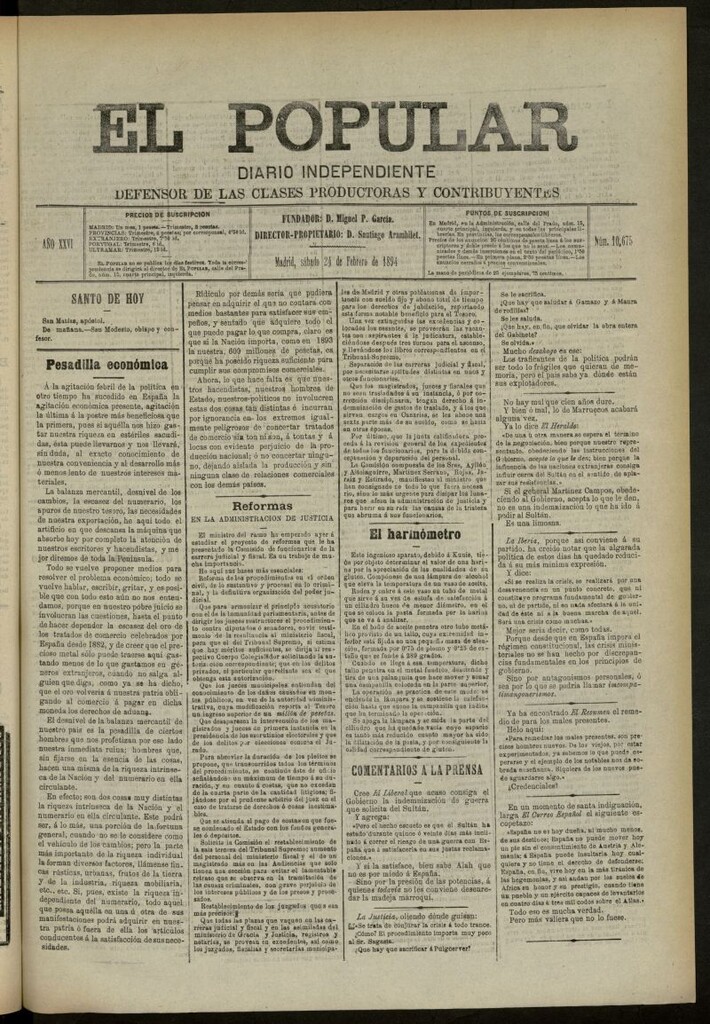 Miniatura de El Popular: diario independiente, político, literario y de noticias de interés genera del 24 de febrero de 1894, nº 10675