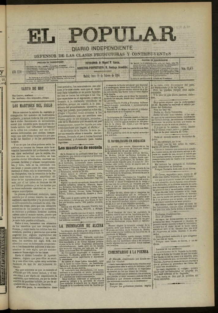 Miniatura de El Popular: diario independiente, político, literario y de noticias de interés genera del 26 de febrero de 1894, nº 10676