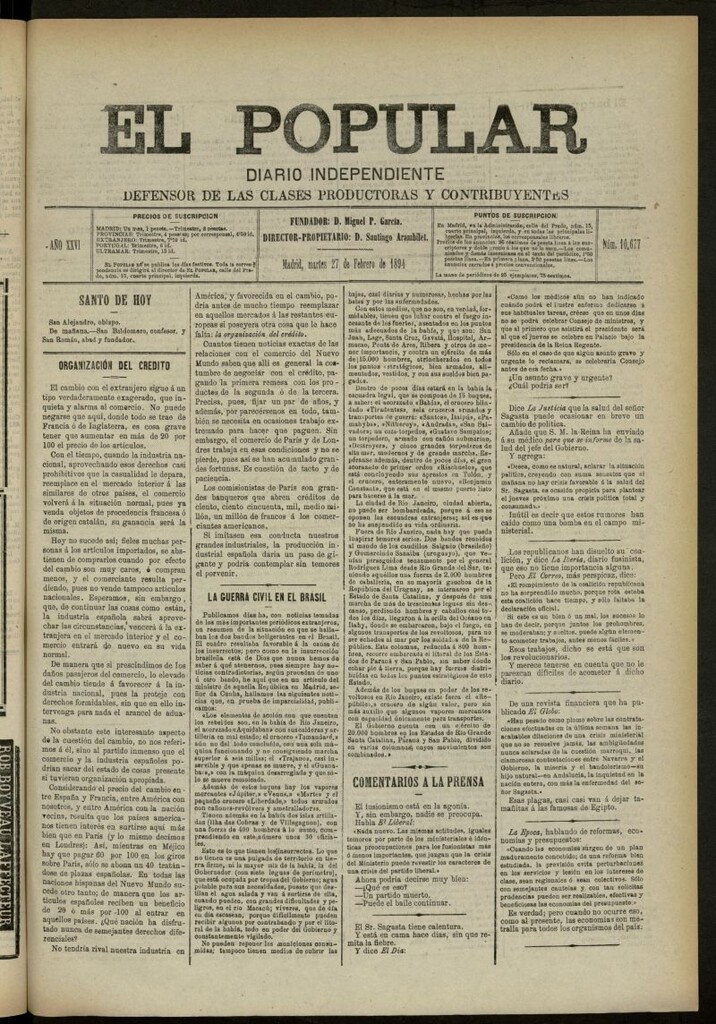 Miniatura de El Popular: diario independiente, político, literario y de noticias de interés genera del 27 de febrero de 1894, nº 10677