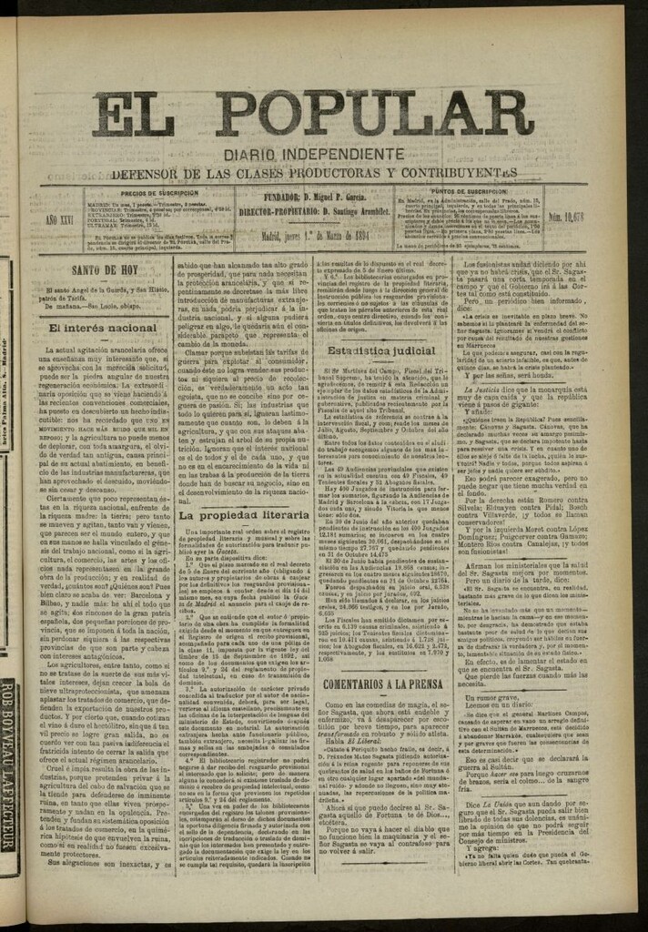 Miniatura de El Popular: diario independiente, político, literario y de noticias de interés general del 1 de marzo de 1894, nº 10678
