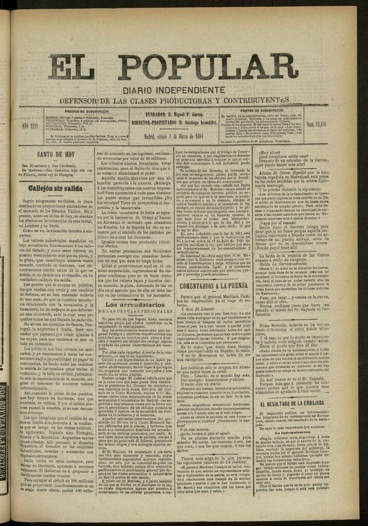 Miniatura de El Popular: diario independiente, político, literario y de noticias de interés general del 3 de marzo de 1894, nº 10680