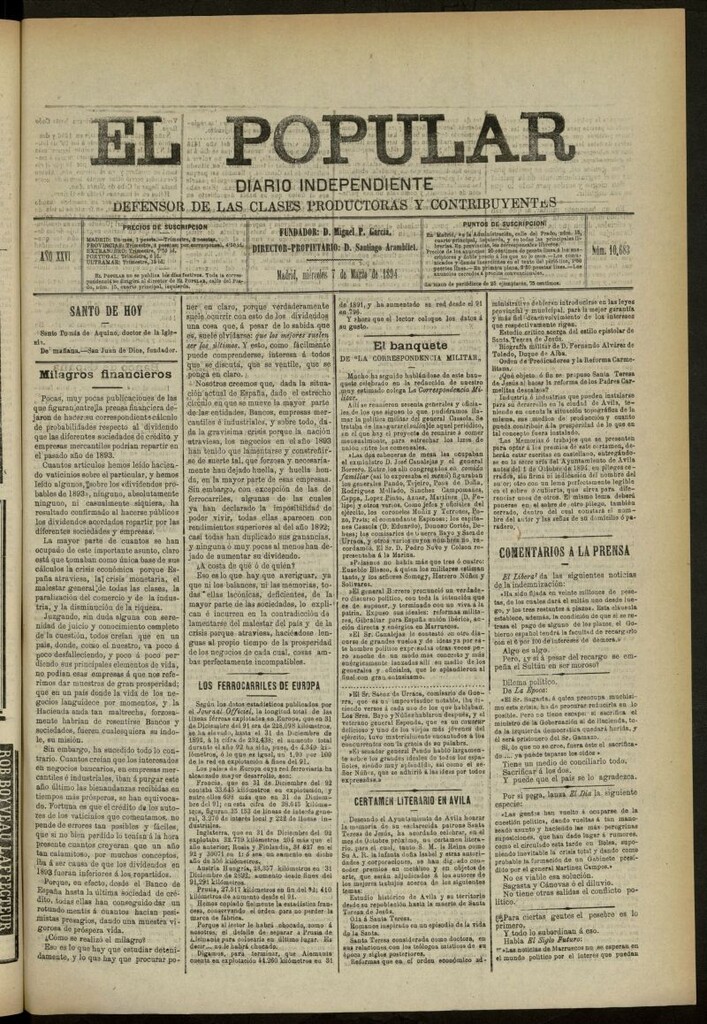Miniatura de El Popular: diario independiente, político, literario y de noticias de interés general del 7 de marzo de 1894, nº 10683