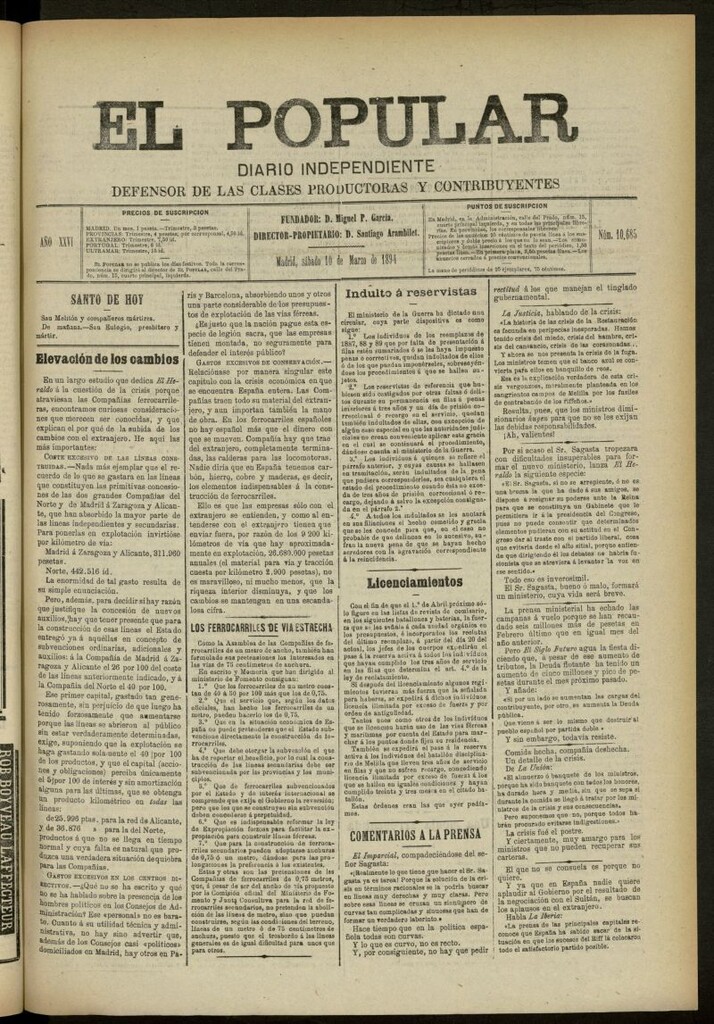 Miniatura de El Popular: diario independiente, político, literario y de noticias de interés general del 10 de marzo de 1894, nº 10685