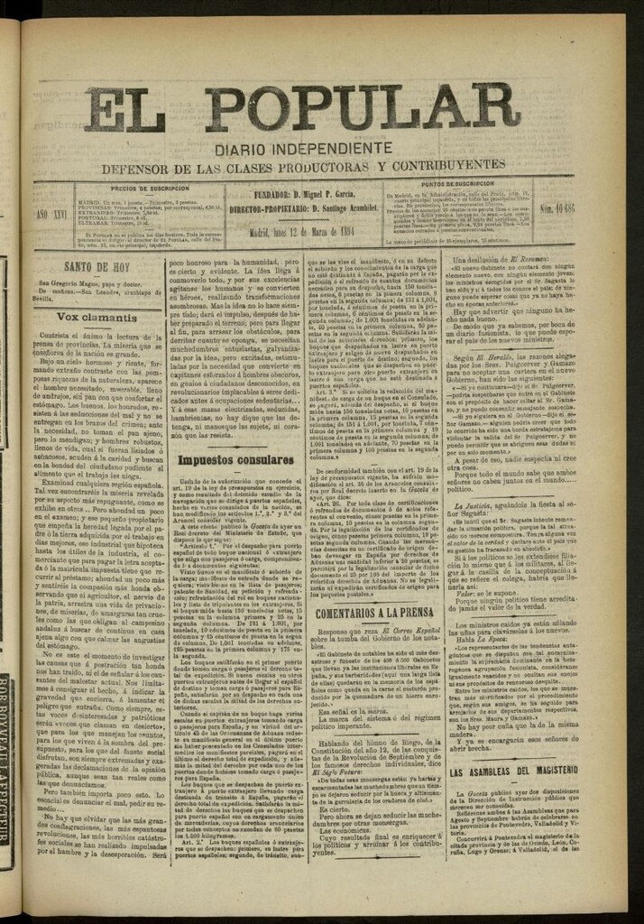 Miniatura de El Popular: diario independiente, político, literario y de noticias de interés general del 12 de marzo de 1894, nº 10686