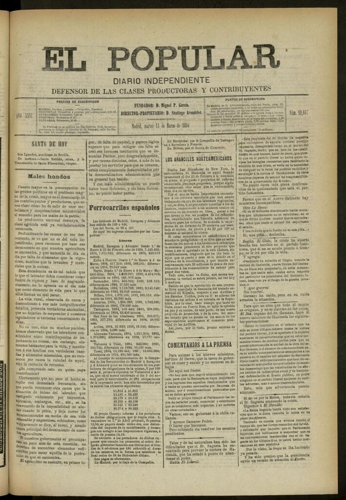Miniatura de El Popular: diario independiente, político, literario y de noticias de interés general del 13 de marzo de 1894, nº 10687